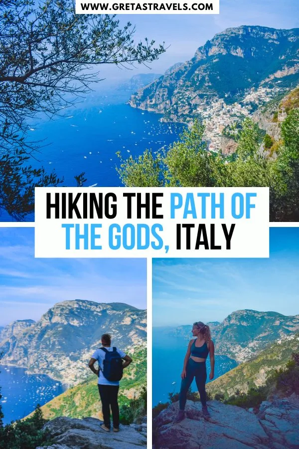 Photo collage of the views of the Amalfi Coast coastline with text overlay saying "Hiking the Path of the Gods, Italy"