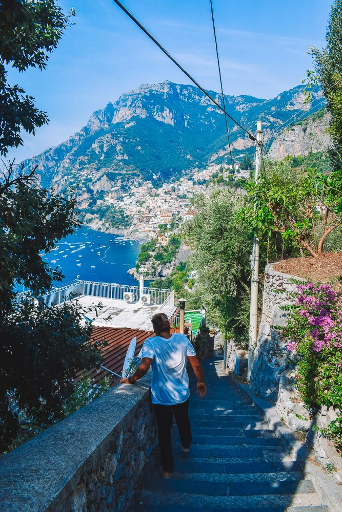 Hiking the final section of the Path of the Gods trail of downhill steps from Nocelle to Positano