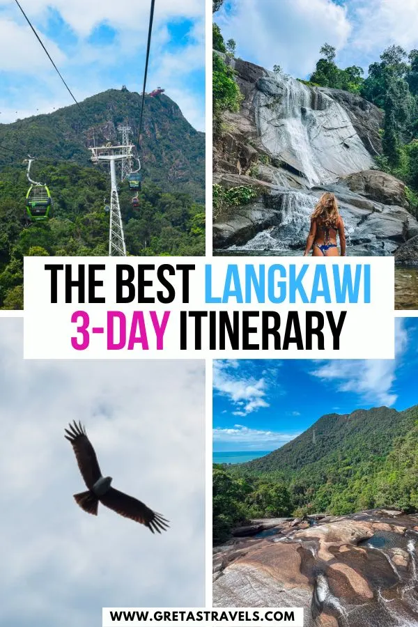 Photo collage of SkyCab, Seven Wells Waterfall and a flying eagle with text overlay saying "The best Langkawi 3-day itinerary"