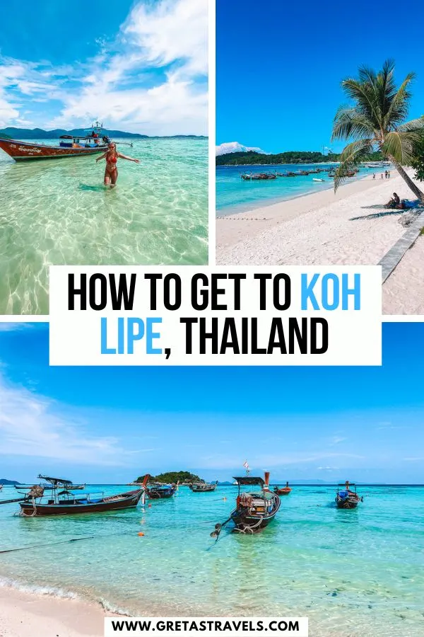 Photo collage of Sunrise Beach, Pattaya Beach and a girl next to a long tail boat in Koh Lipe, with text overlay saying "How to get to Koh Lipe, Thailand"