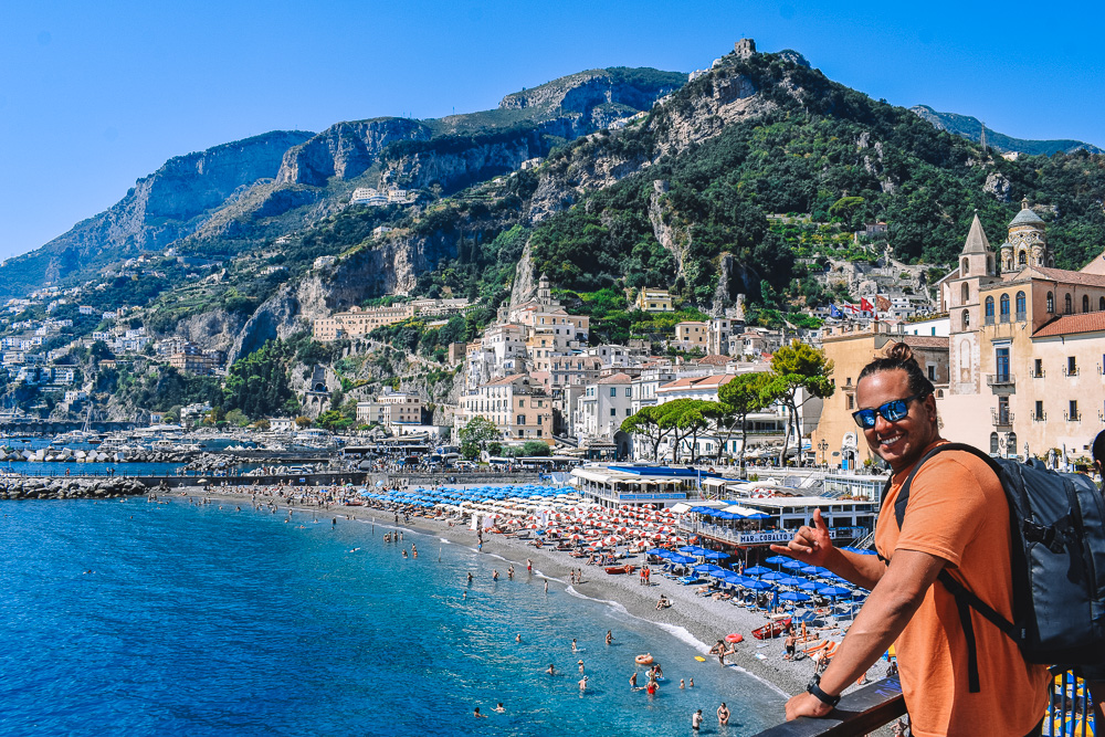 My boyfriend enjoying the views over the main beach of Amalfi in Italy