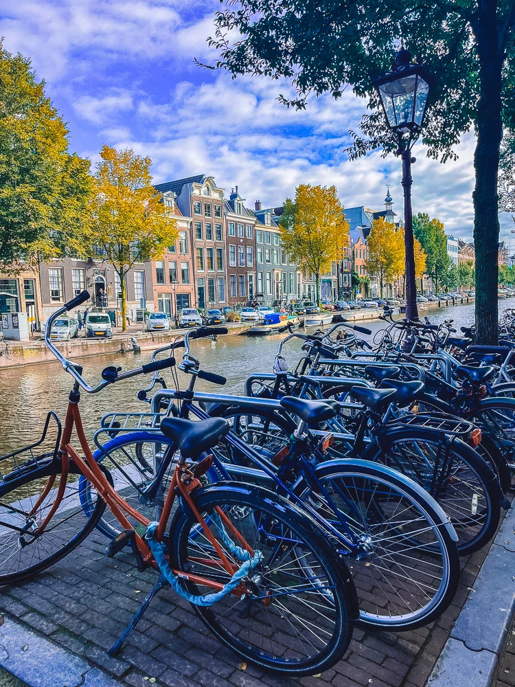Bicycles lined along the canals of Amsterdam