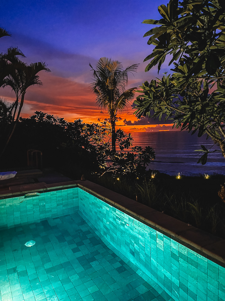 Enjoying the sunset in Bali from our private pool villa at Uluwatu Surf Villas