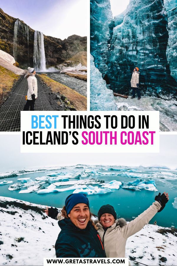Photo collage of Jökulsárlón Glacier Lagoon, Seljalandsfoss Waterfall and an ice cave in Iceland with text overlay saying "best things to do in Iceland's South Coast"