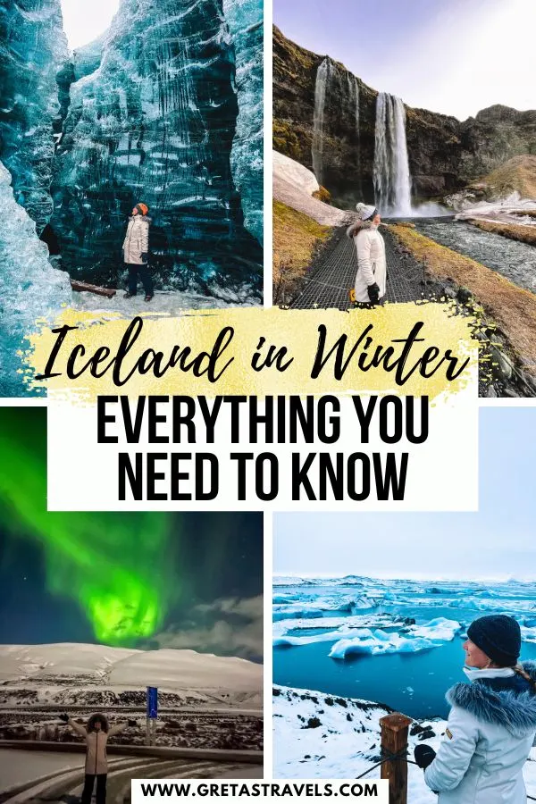 Photo collage of the Northern Lights, Seljalandsfoss Waterfall, an ice cave and J&ouml;kuls&aacute;rl&oacute;n Glacier Lagoon with text overlay saying "Iceland in winter: everything you need to know"