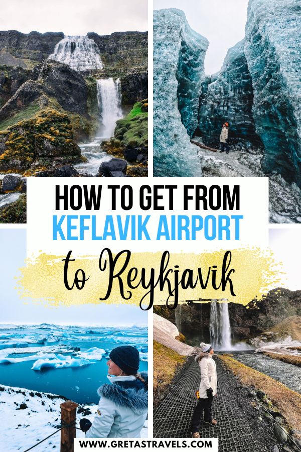 Photo collage of Dynjandi Falls, the icebergs floating in Jökulsárlón Glacier Lagoon and a blonde girl in a grey jacket inside an ice cave with text overlay saying "How to get from Keflavik Airport to Reykjavik"