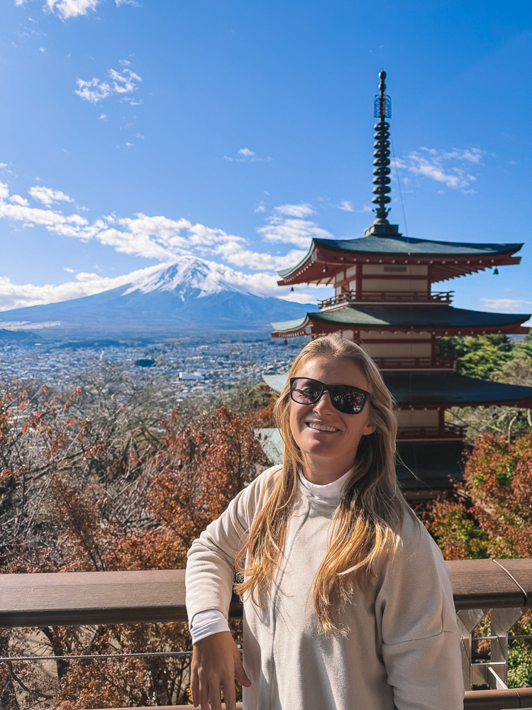 Me with Chureito Pagoda and Mt Fuji in the background in Kawaguchiko, Japan