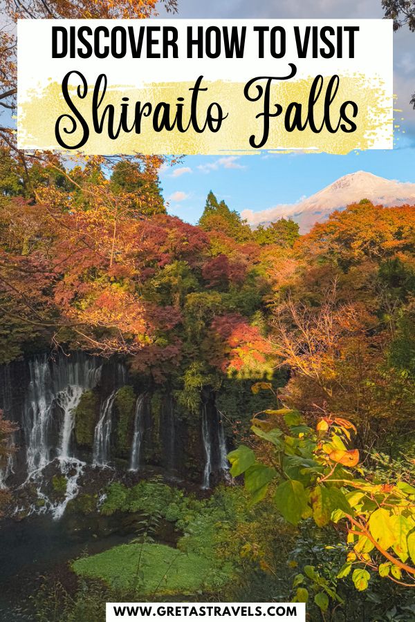 Photo of Shiraito Falls and Mount Fuji in the background with text overlay saying "Discover how to visit Shiraito Falls"