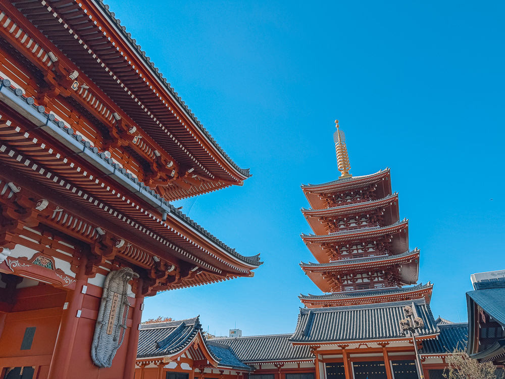 The iconic Senso-ji Temple in Asakusa, Tokyo, Japan, standing against a clear blue sky