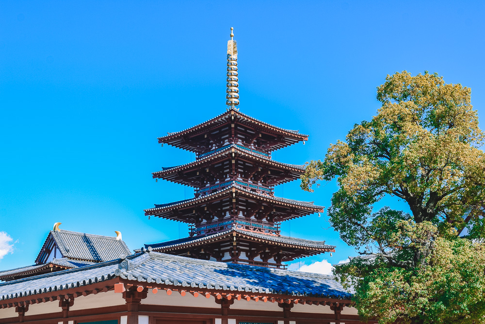 The distinctive pagoda of Shittenoji Temple in Osaka, Japan