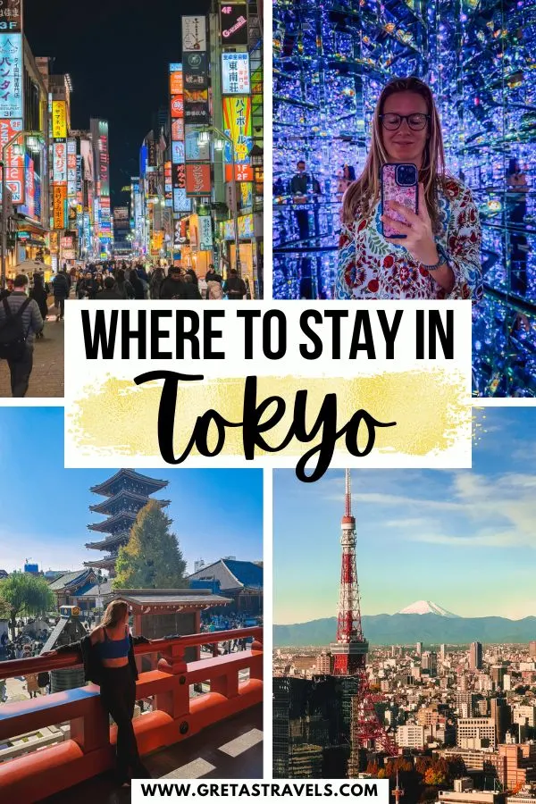 Photo collage of Shinjuku, Asakusa, Teamlab Borderless and the view of Tokyo Tower from Park Hotel Tokyo with text overlay saying "where to stay in Tokyo"