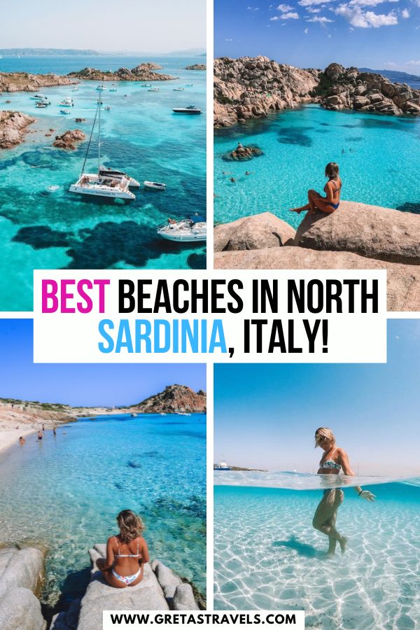 Photo collage of Cala Corsara, the Natural Pools of Budelli and Cala Coticcio with text overlay saying "best beaches in North Sardinia, Italy"