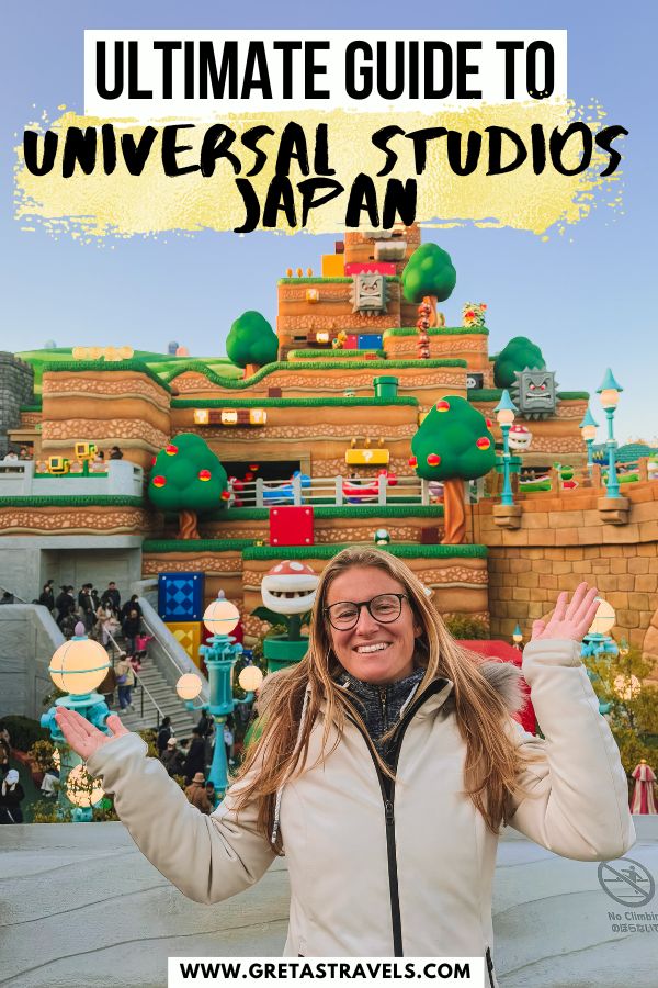 Photo of a blonde girl in a grey coat standing in front of Super Nintendo World with text overlay saying "ultimate guide to Universal Studios Japan"
