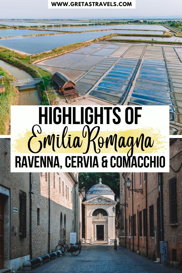 Photo collage of Dante Alighieri's tomb in Ravenna and the salt pans of Cervia with text overlay saying "Highlights of Emilia Romagna: Ravenna, Cervia and Comacchio"