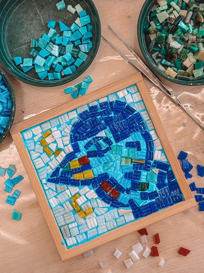 The Coq Blue of Chagall that I recreated during our mosaic workshop at MAR, in Ravenna, Italy