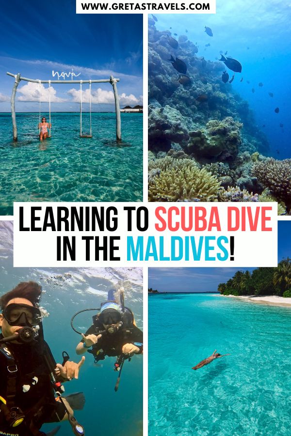 Photo collage of two scuba divers, a reef with lots of fish and manta rays with text overlay saying "Learning to scuba dive in the Maldives" PADI Open Water maldives