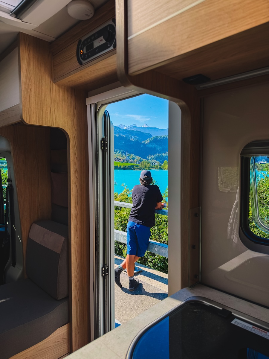 Enjoying a lazy morning in our campervan on the lakeside of Lungern